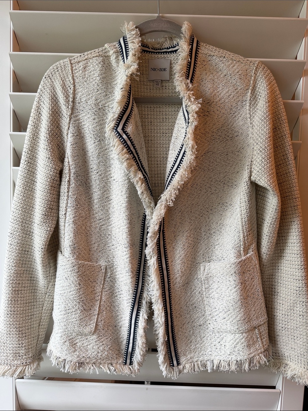 NIC+ZOE Cream Fringe Knit Open-Front Blazer with Navy Trim
